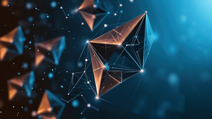 Aufkleber - A digital abstract scene featuring glowing geometric shapes, primarily triangles and diamonds, set against a dark, blue background with a futuristic look.