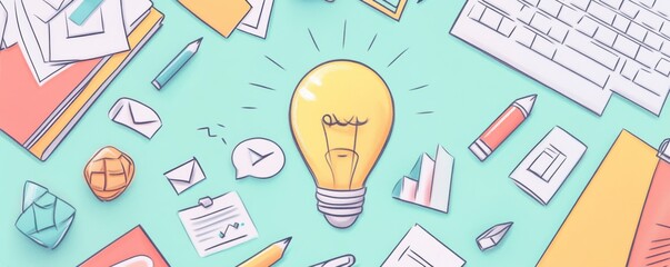 Poster - A colorful flat lay featuring a light bulb surrounded by stationery, illustrating creativity and brainstorming concepts.