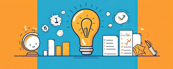 Poster - A bright illustration depicting a light bulb, charts, and a character, symbolizing creativity, ideas, and business growth.