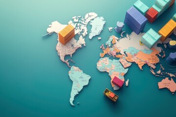 Poster - A colorful map of the world with 3D blocks representing shipping containers, symbolizing global trade and logistics.