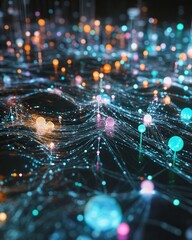 Poster - A vibrant, abstract depiction of interconnected nodes and glowing spheres, representing a digital network or data visualization.