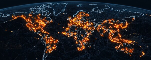 Fototapete - A glowing map of the world at night, showcasing illuminated cities and highways, highlighting global connectivity and urban areas.