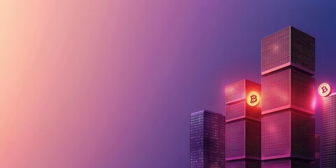 Aufkleber - A futuristic cityscape featuring illuminated towers and digital elements, set against a vibrant gradient background.