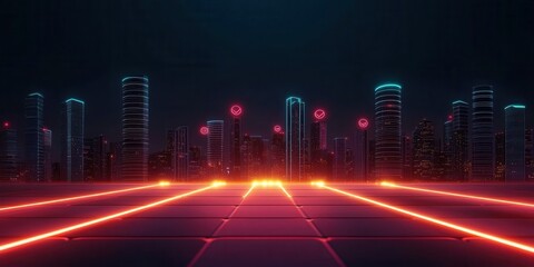 Poster - A futuristic cityscape featuring illuminated skyscrapers with neon lights and a glowing grid on the ground, creating a vibrant cyberpunk atmosphere.