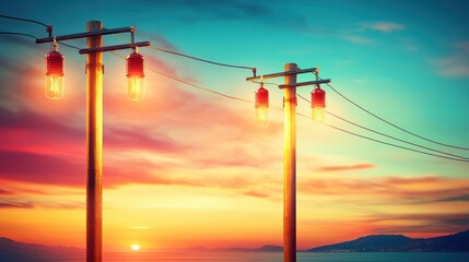 Poster - Captivating Sunset Over Water with Vibrant Lanterns Hanging from Utility Poles