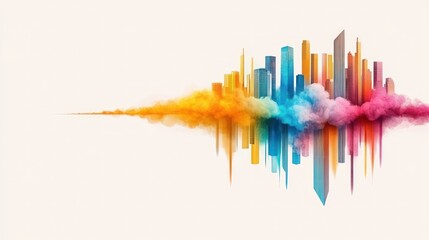 Fototapete - Vibrant Cityscape with Colorful Sound Waves and Clouds Creating a Dynamic Urban Atmosphere