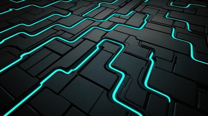 Aufkleber - A futuristic, abstract image featuring dark surfaces with glowing turquoise lines, resembling a circuit board or digital pathways.