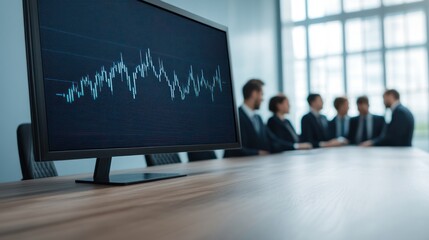 Fototapete - Computer Monitor Displaying Finance Data with Business Team Meeting in Background at Modern Office