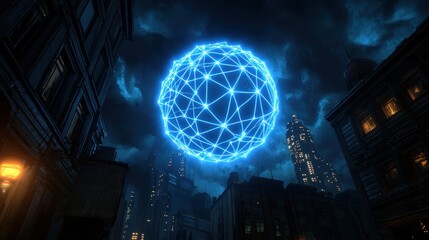 Poster - A glowing blue sphere with a network of lines illuminates a dark urban landscape, creating a dramatic and futuristic atmosphere.