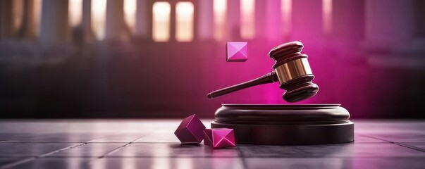 Aufkleber - A gavel rests on a block, surrounded by pink gemstones, symbolizing justice and luxury in a visually striking setting.