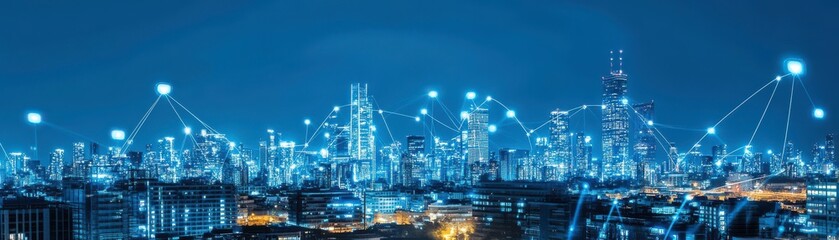 Poster - A futuristic city skyline illuminated at night, featuring a network of glowing connections, symbolizing technology and connectivity.