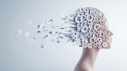 Poster - A human head rendered in sleek, metallic lines with intricate gears turning and interlocking within, representing the complex processes of thought, learning, and problem solving.