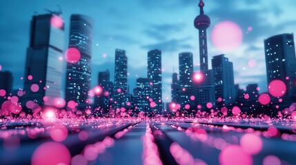 Poster - A city skyline rendered in futuristic detail with streams of data flowing between buildings and glowing orbs representing AI entities, showcasing a future where AI is integrated into every aspect of