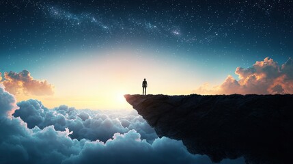 Poster - A lone figure stands at the edge of a vast desert, their silhouette dwarfed by the immensity of the landscape, their arms outstretched as they contemplate the vastness of the universe and their place