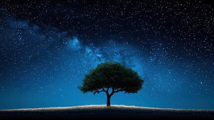 Poster - A single tree stands tall amidst a field of stars, its branches reaching towards the heavens, symbolizing the interconnectedness of all things, the resilience of the human spirit, and the enduring