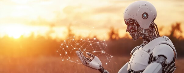 Poster - A futuristic robot interacts with glowing data points against a sunset backdrop, symbolizing the fusion of technology and nature.
