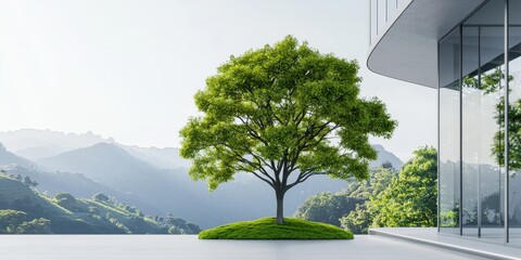 Poster - A vibrant green tree stands alone on a landscaped area, framed by modern architecture and mountainous scenery in the background.
