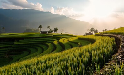 The charm of indonesian nature in the morning in the rice fields of the mountain area 4k wallpaper background abstract wallpaper modern design