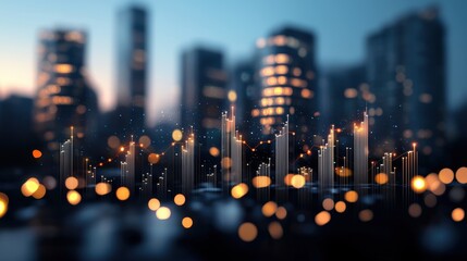 Poster - a cityscape at night with illuminated office buildings and an overlay of upward trending graphs, sym