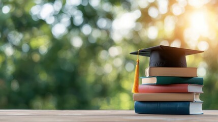 Poster - a stack of books with a graduation cap placed on top, symbolizing academic achievement and the pursu