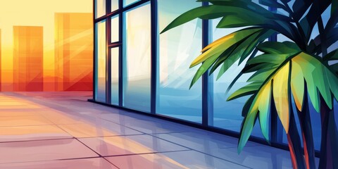 Poster - A serene sunset view featuring a modern glass building and a lush green plant, creating a tranquil urban atmosphere.