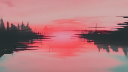 Sticker - Sunrise over water reflecting a cityscape or natural formation bathed in pink and black hues creating an ethereal ambience