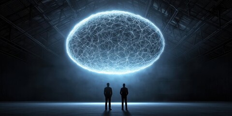 Aufkleber - Two figures stand beneath a luminous, floating orb that emits a network of glowing lines, creating a futuristic and ethereal atmosphere.