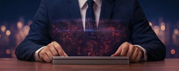 Fototapete - A businessman interacts with a holographic display, showcasing digital data and technology in a modern office environment.