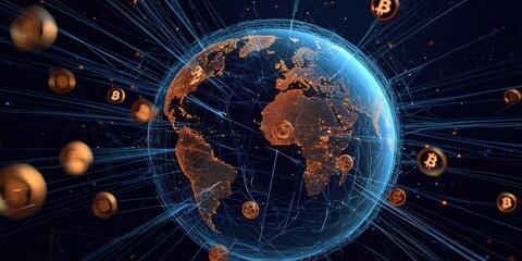Poster - A digital representation of Earth surrounded by glowing Bitcoin symbols, illustrating the global influence of cryptocurrency.
