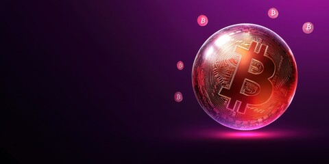 Poster - A glowing sphere with Bitcoin symbols, set against a purple background, symbolizes the rise of cryptocurrency and digital finance.