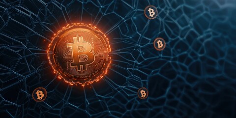 Poster - A glowing Bitcoin symbol is centered in a network of interconnected lines, representing the digital currency's blockchain technology.