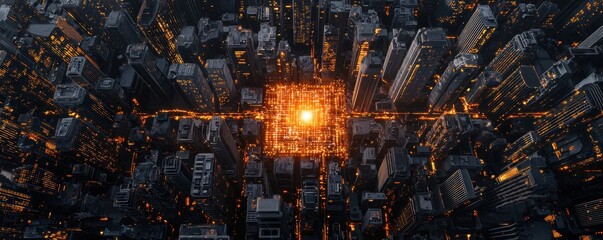 Poster - Aerial view of a city at dusk, illuminated by a bright center, surrounded by skyscrapers creating a vibrant urban atmosphere.