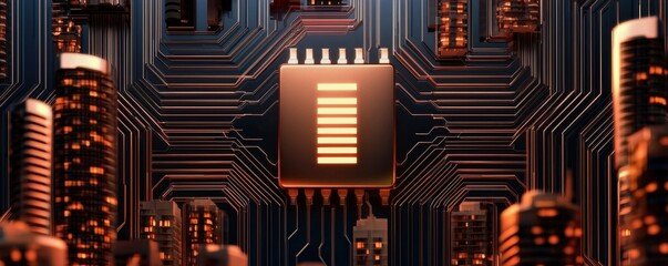 Aufkleber - A close-up view of a microchip surrounded by circuit patterns, showcasing intricate technology in a futuristic setting.