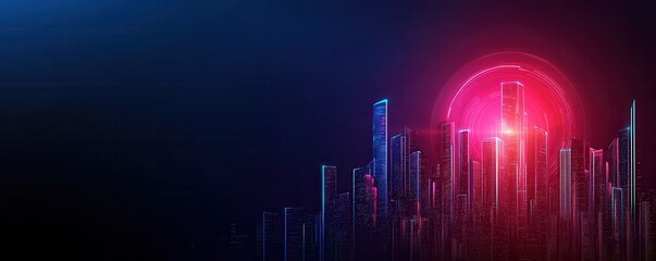 Poster - A vibrant digital skyline illuminated by a glowing orb, creating a futuristic atmosphere with shades of blue and red.