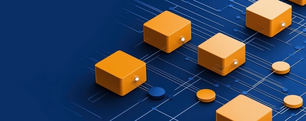 Poster - Abstract design featuring orange cubes and coins on a blue digital background, symbolizing technology and innovation.