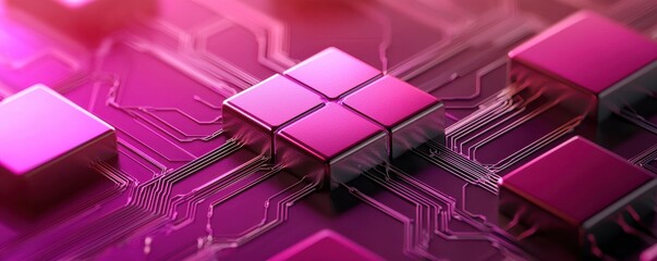 Fototapete - A vibrant close-up of a circuit board, featuring pink square components and intricate wiring, showcasing advanced technology and design.