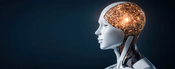 Poster - A futuristic humanoid robot with a glowing, intricate brain, symbolizing advanced technology and artificial intelligence.