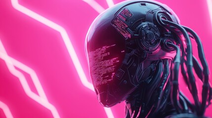 Aufkleber - A futuristic robotic head with intricate circuitry stands against a vibrant pink background, showcasing advanced technology and design.