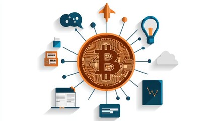 Aufkleber - A vibrant illustration showing a Bitcoin symbol surrounded by various digital icons representing technology and finance.