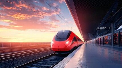 Poster - a modern train station with high speed trains arriving and departing at the platforms, passengers bo