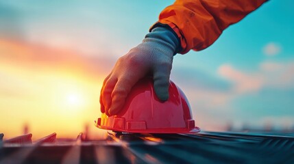 Poster - a close up shot of a construction worker gloved hand tightening a bolt on a steel beam, showcasing t