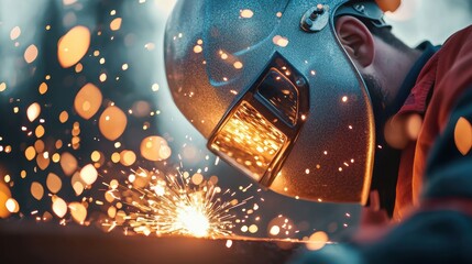 Poster - a detailed shot of a construction worker wearing a welding mask, sparks flying as they weld together