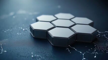 Poster - A group of shiny hexagonal tiles arranged on a dark surface, reflecting light, showcasing a modern and sleek design.
