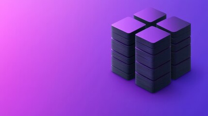 Poster - A cluster of black, rectangular blocks arranged in a geometric pattern against a vibrant purple gradient background.