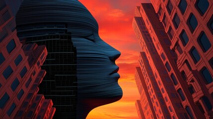 Poster - A stylized silhouette of a face emerges between towering buildings, illuminated by a vibrant sunset, blending nature and urban elements.
