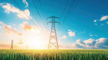 Poster - a network of high voltage power lines stretching across a rural landscape, connecting power plants t