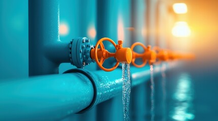 Poster - a series of pipes and valves at a water treatment plant, with technicians monitoring the purificatio