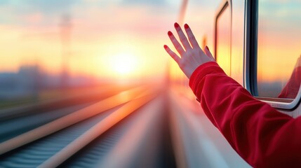 Poster - a train conductor leaning out of a train window, waving to passengers as the train departs the stati