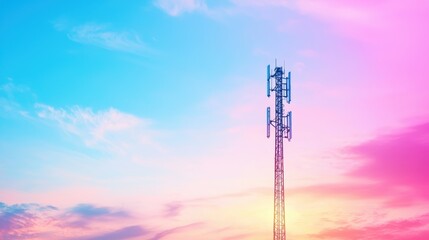Poster - a telecommunications tower silhouetted against a vibrant sunset, emphasizing its role in connecting 