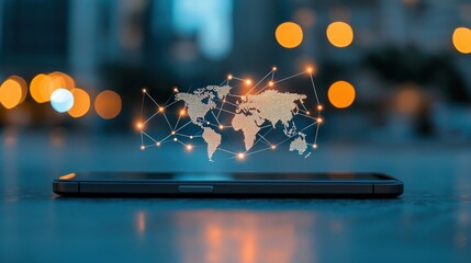 Poster - a smartphone displaying a global map with interconnected nodes, symbolizing the interconnectedness o
